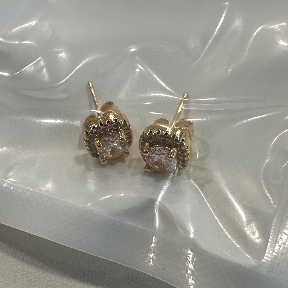 Gold Stud Earrings with Clear Gemstone - Picture 2 of 5